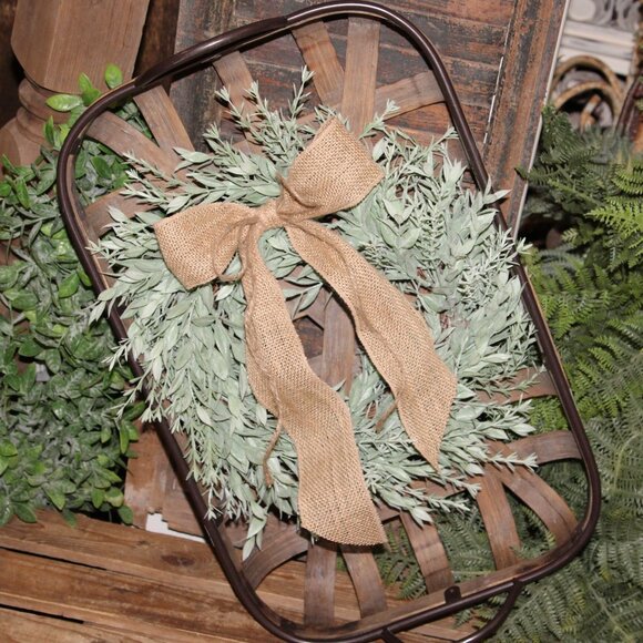 NEW! Rustic French Country Farmhouse Tobacco Wall Basket w/Spring Wreath & Bow